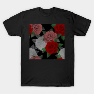 Red and pink roses on black background T-Shirt